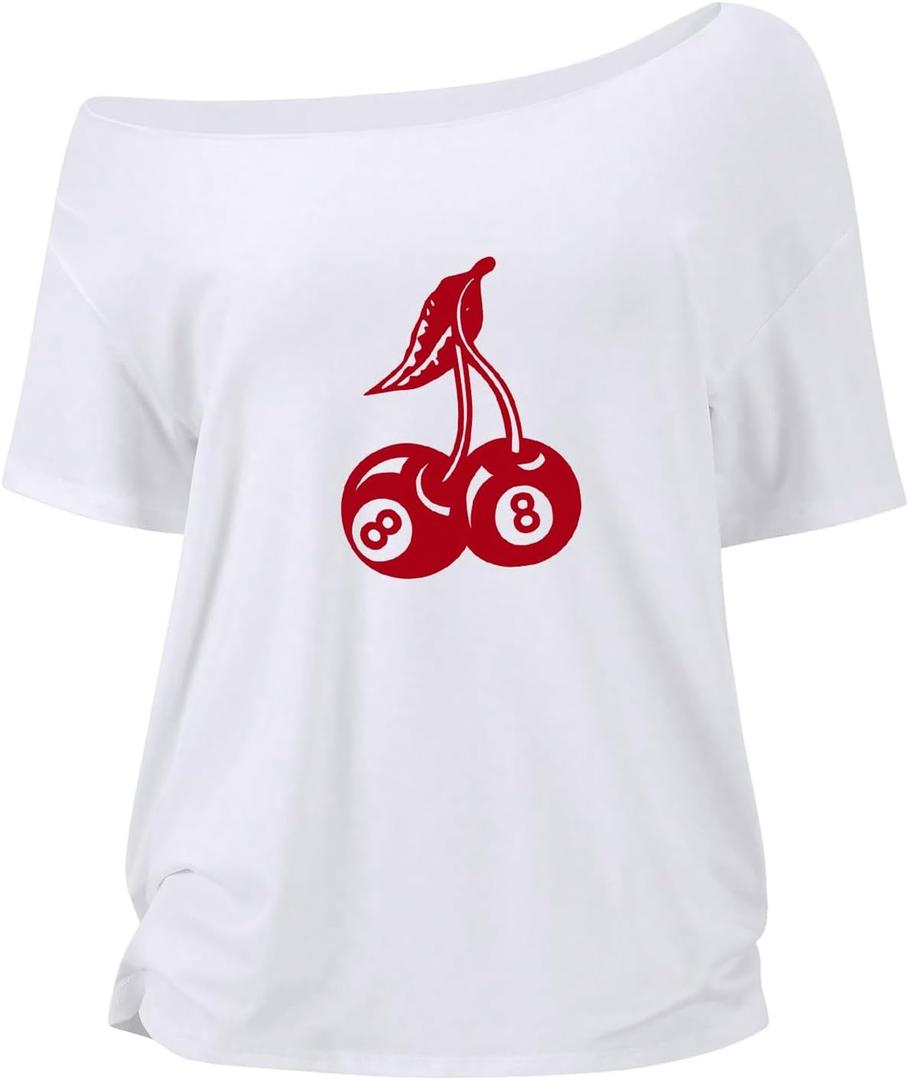 Women's Off The Shoulder Tops Floral Graphic Oversized Tshirts Shirts Y2k Summer Tops Trendy (White, L)