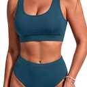Tempt Me Women Blue Green Two Piece Scoop Neck Bikini Crop Top Swimsuit Sporty High Waisted Bathing Suit M