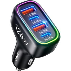USB C Car Charger, 126W [Dual PD60W&QC30W] Cigarette Lighter USB Car Charger Adapter Fast Charging 4 Ports Car Phone Charger for iPhone 17/16/15/14/13, Samsung Galaxy S25/S24Google Pixel Laptop