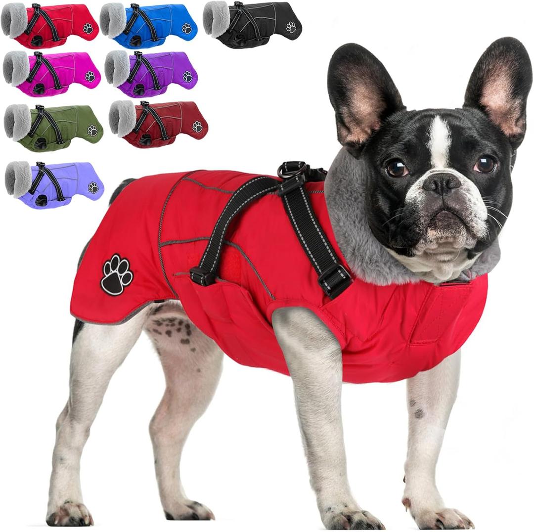 Doglay Dog Jacket Waterproof Dog Coat with Harness Built in, Christmas Puppy Winter Coat Reflective Turtleneck Puffer Snow Jackets for Small Medium Large Dogs (Red)