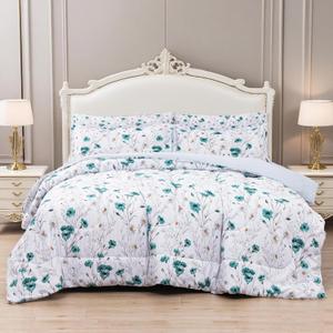 Light Blue Cute Flower Pattern Queen Sheet Set with Comforter, Flower Pattern Queen Bed in A Bag, 7 Piece Comforter Set Include Comforter, Sheets, Pillowcases &Pillow Shams