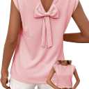 Falechay Women Blouses Womens Summer Tops Cute Going Out Round Neck Outfit Casual Chiffon Short Cap Sleeve Clothes Sexy Ladies Babydoll Shirts 2026 Trendy Women Blouse Bow Tie Plus Size Top Pink XL
