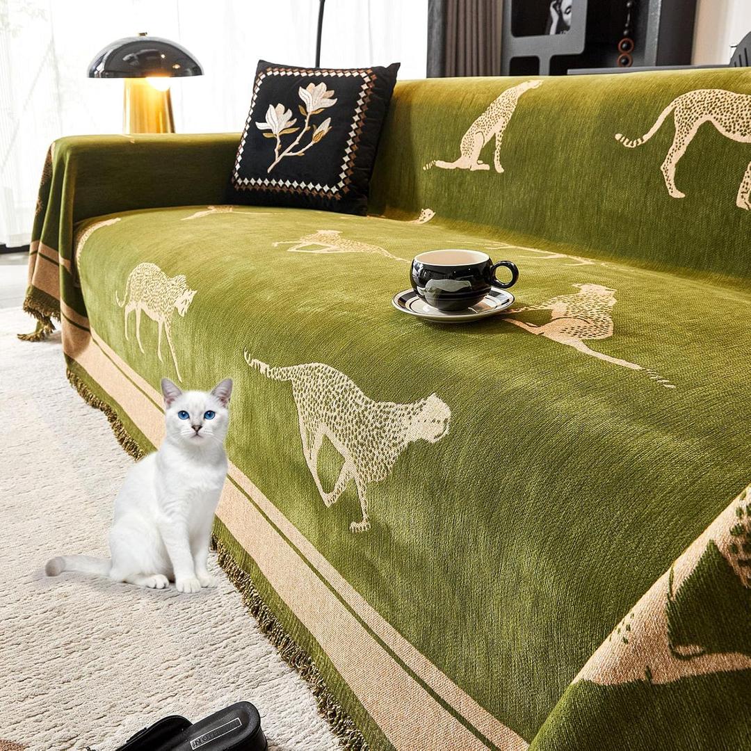 Chenille Sofa Cover with Tassels, Non-Slip Couch Cover for 3/4 Seat Sofas, Washable Furniture Protector for Pets & Kids, Modern Leopard Pattern Chenille Blanket (Green, 71"x165")