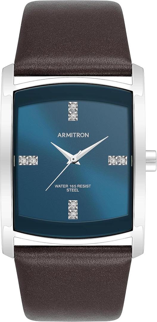 Armitron Men's Genuine Crystal Accented Leather Strap Watch (Silver/Brown/Navy Blue)
