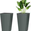 Set of 2 16 Inch Large Taper Planters Outdoor Indoor Tall Resin Flower Pots with Drainage Holes Modern for Front Porch Patio Backyard Plants(Gray)