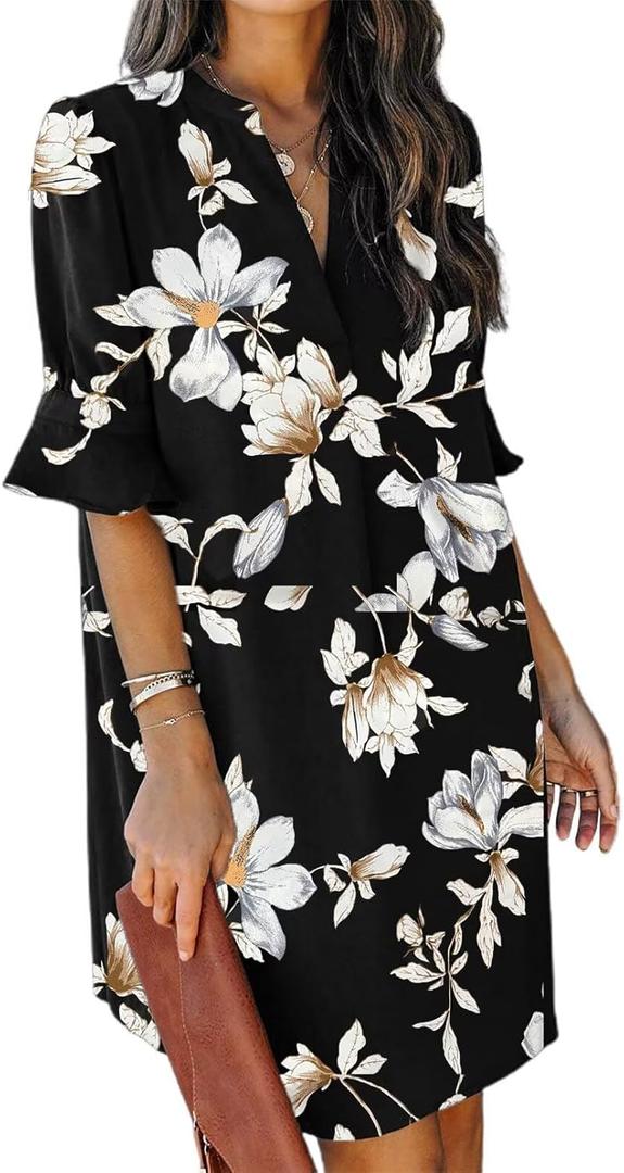 QACOHU Summer Dresses for Women V Neck Ruffle Short Sleeve Casual Shift Dress (XX-Large, Black Flower)