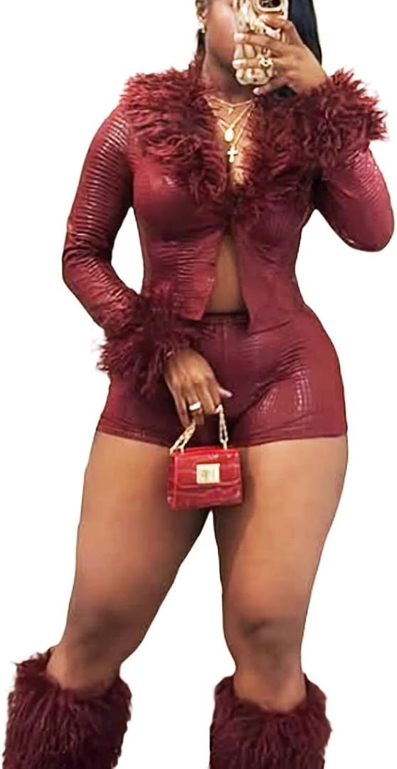 Mandonce Leather 2 Piece Sets with Fur Python Texture V Neck Crop Top and Leather Shorts Set Y2k Sexy Party Outfits (Red, Small)