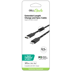 CellCandy Extended Length Charge and Sync Charger - Black, 6.5 ft