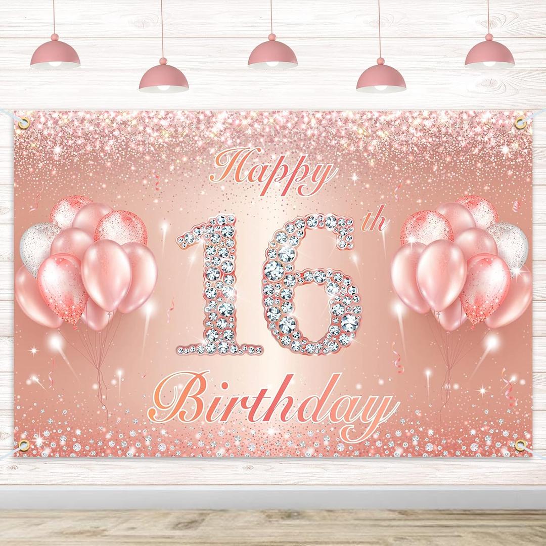 Happy 16th Birthday Banner Backdrop - 16 Birthday Party Decorations Supplies for Girls or Boys - Rose Gold 4 x 6ft