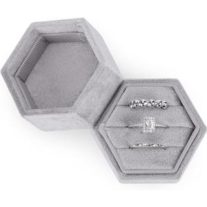 4 x WantGor Velvet Jewelry Ring Box, 3 Slots Hexagon Ring Gift Box Vintage Ring Display Holder Case for Wedding Ceremony Proposal Engagement (Gray)
