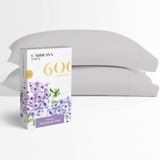 Carressa Linen 100% Egyptian Cotton Pillow Cases Set of 2-600 Thread Count Silver Standard/Queen Pillowcase for Sleeping, Soft, Silky Sateen Weave Bed Pillow Cover, Extra Long Staple Pillowcases