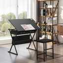 VECELO Drafting Table Art Desk Art Table Adjustable Drawing Table Tilted Tabletop with 2 Storage Drawers and Stool, Drawing Desk for Artist Painters Drawing, Crafting, Reading, Writing, Black, 40.2" L x 23.7" W x 29.5" H