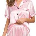 SWOMOG Womens Silk Satin Pajamas Set Short Sleeve Sleepwear Button Down Top and Shorts Loungewear 2 Piece Pjs Set XS-3XL (Medium, Pink)