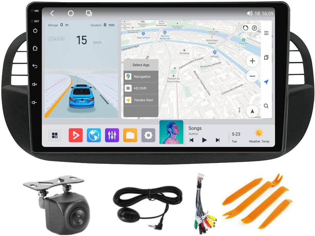 Upgrade Radio for Fiat 500 500C 2007-2015 Stereo Head Unit, 8-Core 4+64 GB Android 14 9" Touch Screen GPS Navigation with Car-Play Android Auto/SWC/FM/Cooling Fan/5G WiFi