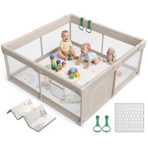 47x47in Baby Playpen with mat, Play Yard for Babies Toddlers, Grey, Medium