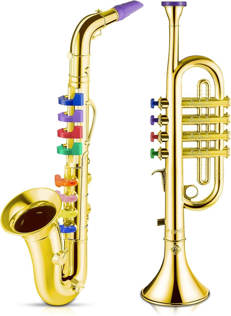 Lewtemi Set of 2 Musical Instruments Include Toy Trumpet and Saxophone Set Plastic Trumpet Educational Christmas Toy Home School Music Gift, Color Keys(Gold)