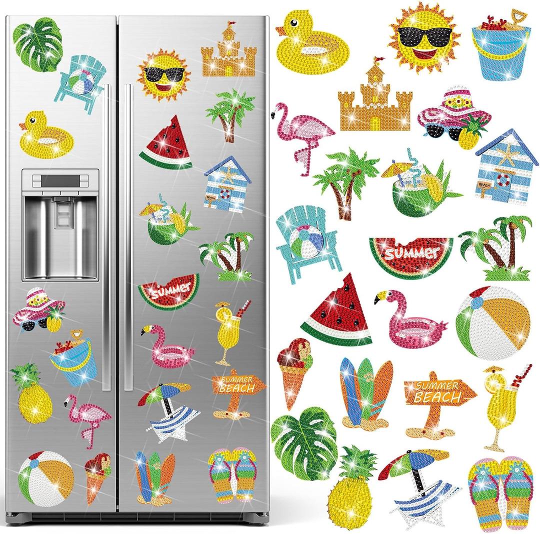 24 Pcs Summer Refrigerator Diamond Painting Magnets Sea Beach Diamond Painting Kits Tropical Hawaiian Art Magnet Stickers