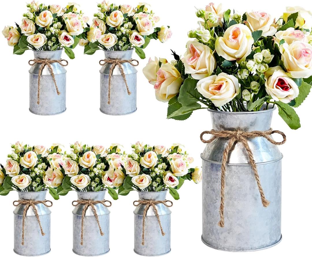 Farmhouse Artificial Rose Flowers with Metal Vase, Set of 6 Fake Rose Arrangements for Table, Faux Bouquets Wedding Centerpiece Decorations, Home Office Flower Decor (Silver Vase & Champaign Roses)