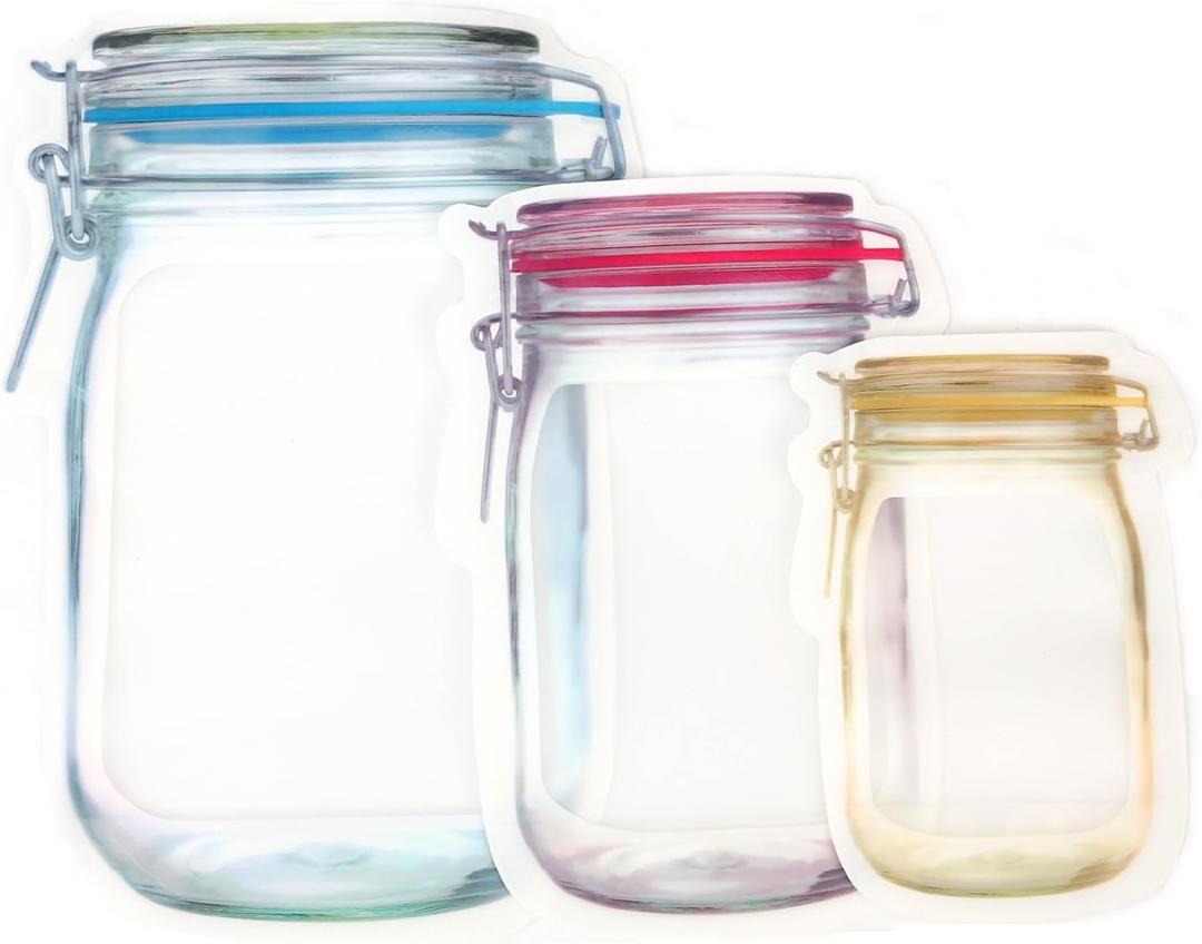 60Pcs 3 Color Mixed Food Saver Storage Bags Mason Jar Pattern Reusable Portable Stand Up Zipper Bags Snack Container Leakproof Package Bag Pouche for Travel Camping (20 yellow 20 Red 20 Blue)