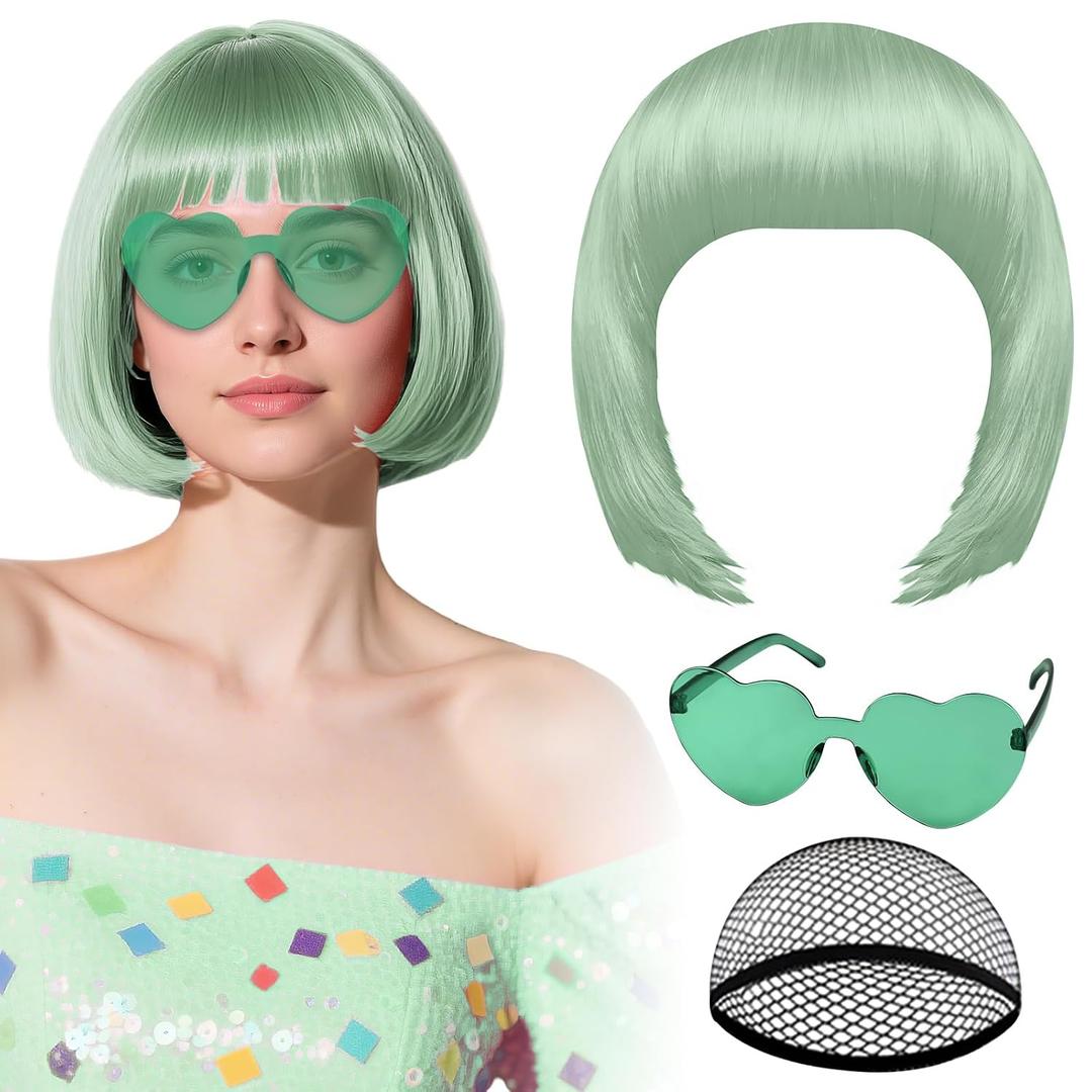 PLULON Gray-Green Wig with Heart Sunglasses and Hair Cap for Women, Short Bob Wigs Synthetic Colored Funny Cosplay Hairpieces for Women Men Neon Bachelorette Halloween Costume Party Decorations