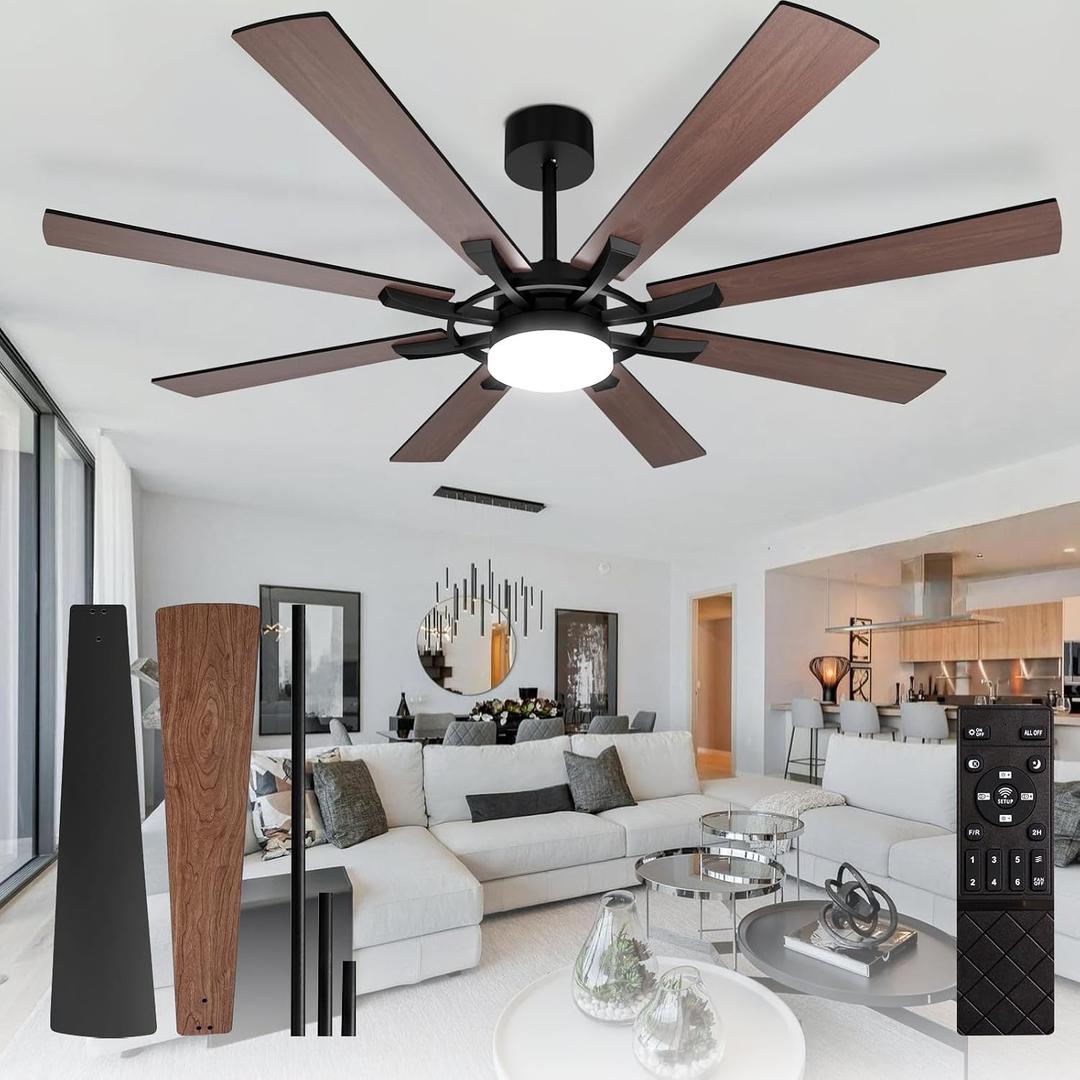 Depuley 72-Inch Ceiling Fan with Light: Modern 8-Blade Walnut and Black Indoor Outdoor Fans with Remote Control Dimmable Light - Ultra Quiet DC Motor Reversible 6 Speed Timer