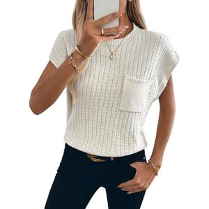 Womens Short Sleeve Sweaters Summer Cap Sleeve Tops Casual Crewneck Oversized Lightweight Knit Sweater Vest (White, XL)