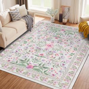 Washable Purple Green Area Rug 5'7' Boho Large Living Room Rug Lilac Lavender Floral Non-Slip Soft Oriental Vintage Color Bedroom Carpet Dining Room Nursery Home Office Indoor Decor