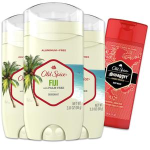 Old Spice Aluminum Free Deodorant for Men, 24/7 Long Lasting Freshness, 24/7 Sweat & Odor Protection, Fiji with Palm Tree Scent Deodorant with Travel-Size Swagger Scent Body Wash, 3 oz (Pack of 3) (3 Ounce (Pack of 4))