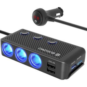 EUGIZMO Cigarette Lighter Plug Splitter, 3 Socket 200W Car Cigarette Lighter Adapter USB Charger Extension Cord Multi Port Power Plug 12V/24V Splitter with LED Voltage Display Independent Switches