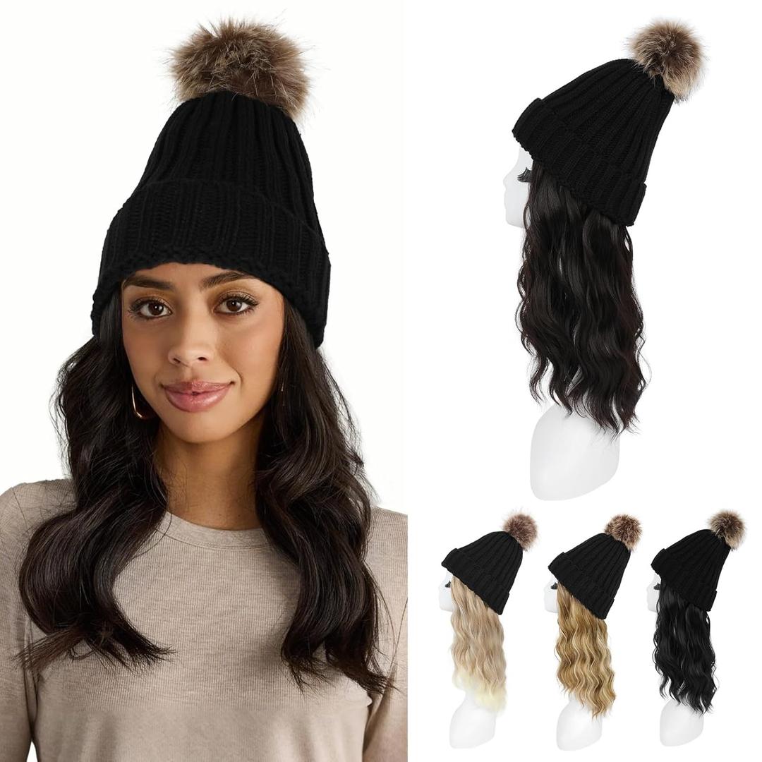 HOOJIH Hat Wig, Hat with Hair Attached Wavy Curly Black Knitted Beanie Wig with Faux Fur Pom 12 Inch Synthetic Hairpiece for Women - Black Brown