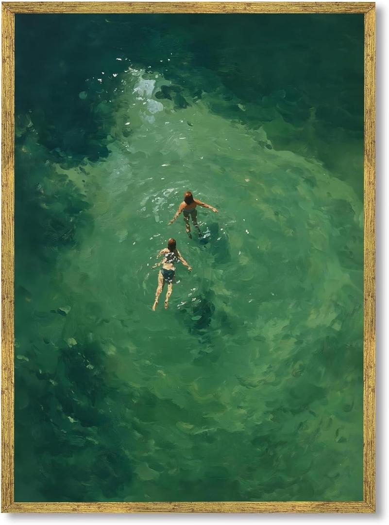 Gold Framed Swimmers Wall Art Swimming in Green Abstract Canvas Poster Aerial View Summer Ocean Painting Print Minimalist Relaxing Coastal Artwork for Bedroom Beach House Decor 8x12inch
