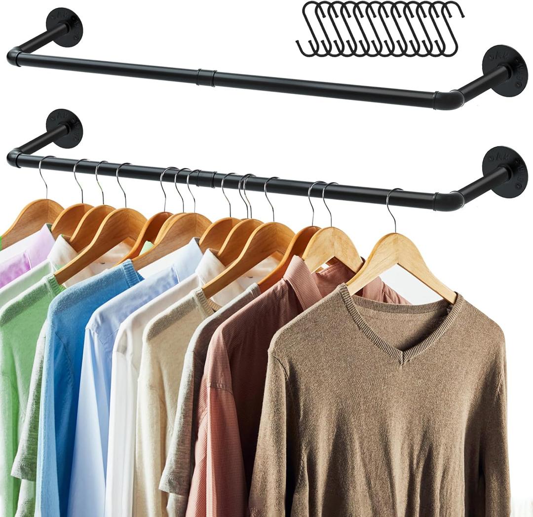 ERYTLLY Industrial Pipe Clothes Rack 36.2, 2 Set Multi-purpose Wall Mounted Iron Garment Rod, Heavy Duty Detachable Hanging Clothes Rack for Closet Rod (Black, 2 Base)