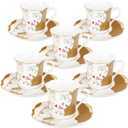 fanquare 2.7oz Mini Coffee Cups for Espresso, Marble Pattern Floral Porcelain Tea Cups Set of 6, Ceramic Demitasse Cups and Saucers for Party, Brown