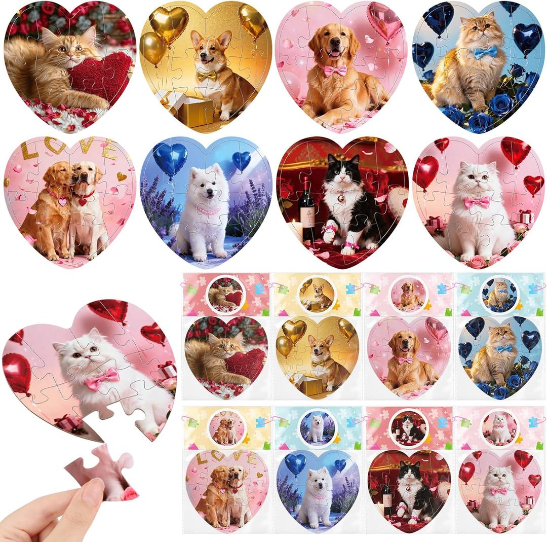 24 Pcs Valentine's Day Gift Cards with Heart Jigsaw Puzzles Set for Kids Valentines Puzzles Party Supplies for Boys Girls Valentines School Classroom Exchange Prizes Puzzle Party Favor Toys