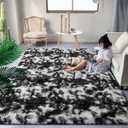 DweIke Fluffy Black White Shag Rugs for Bedroom Living Room, 3x5 Feet Soft Plush Tie-Dyed Cow Girls Boys Kids Rug, Non-Slip and Machine Washable Carpet for Dorm Nursery Classroom Decor