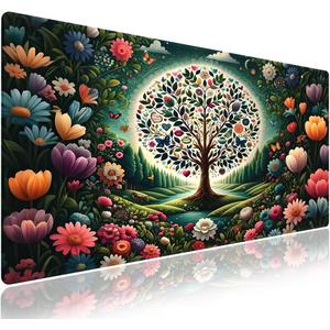 Wknoon. Extra Large Gaming Mouse Pad (31.5" x 11.8") with Durable Stitched Edges  Abstract Enchanted Tree of Life Colorful Floral Wonderland, Anti-Slip Base & Smooth Surface Extended XXL Desk Mat