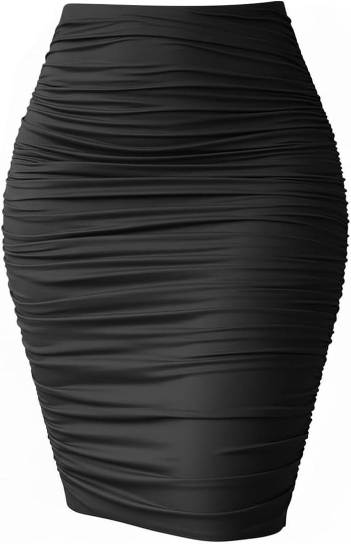 eoeoo Women's Ruched Sexy Bodycon Elastic High Waist Stretch Midi Pencil Skirt (Black)