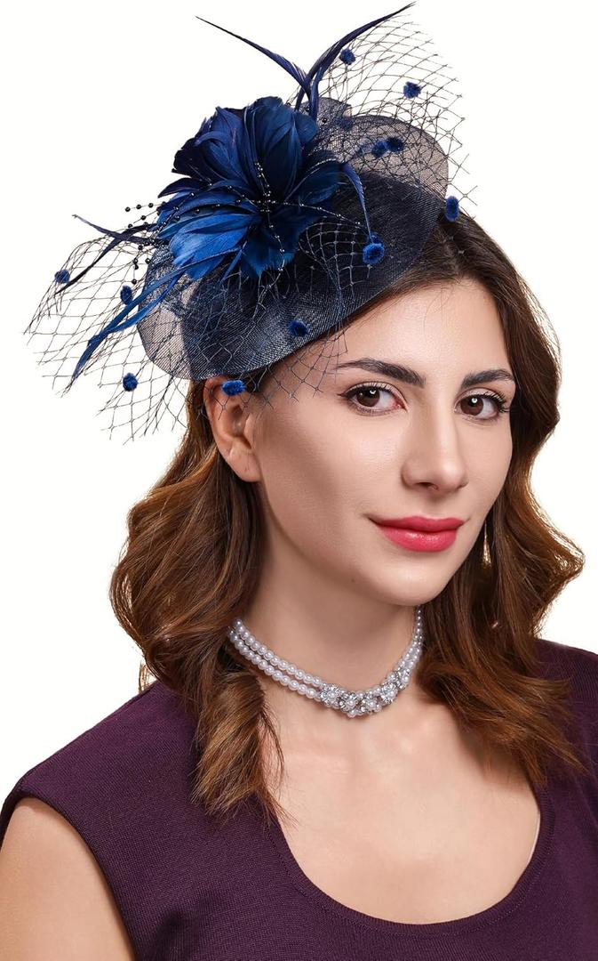 Cizoe Fascinators Hats for Womens 50s Headwear with Veil Flower Cocktail Wedding Tea Party Church Derby Hat (Blue)