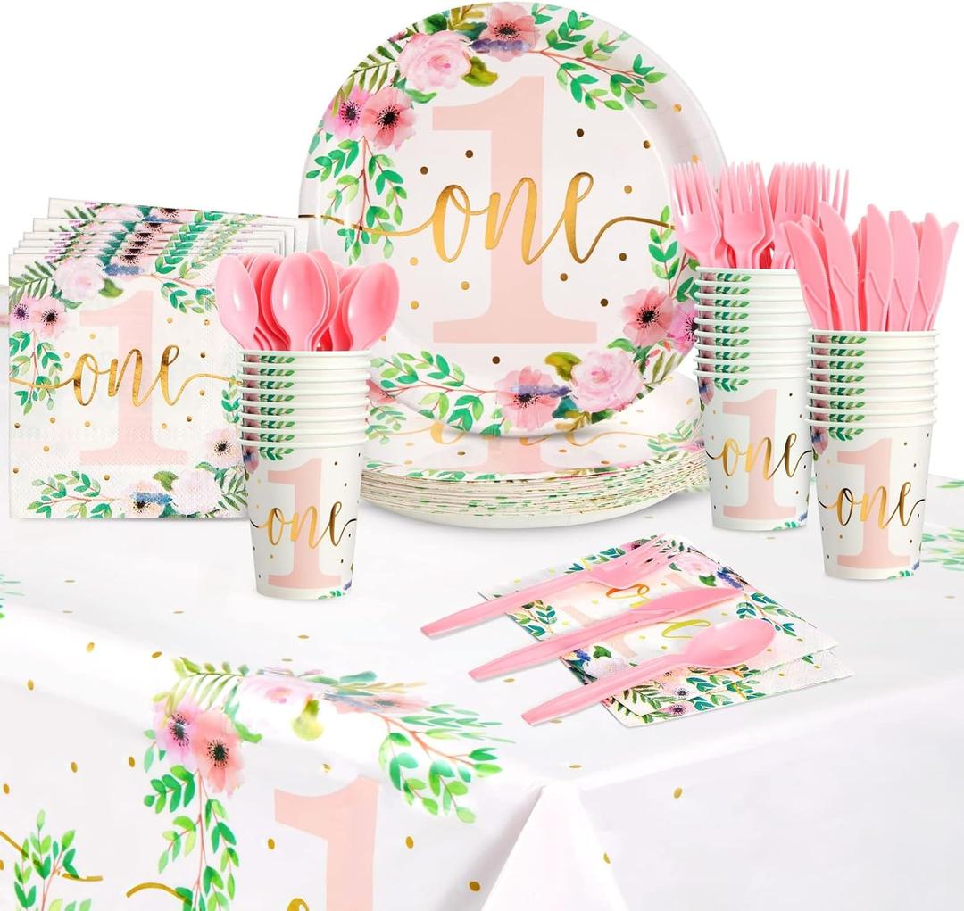 BLUE PANDA 145-Piece Floral Baby Girl's 1st Birthday Party Supplies & Decorations - Little Miss Onederful Party Set with Dinnerware & Tablecloth (Serves 24)