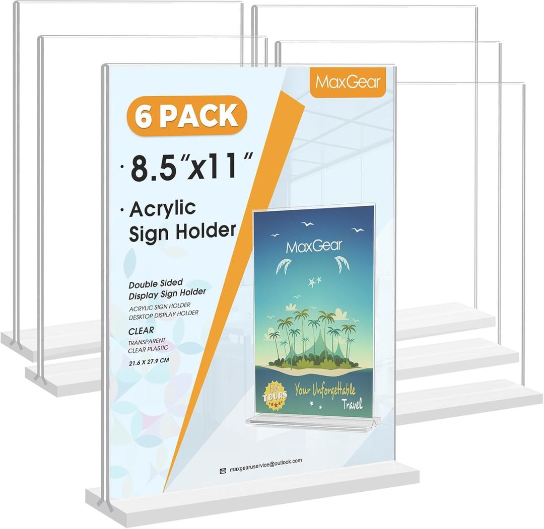MaxGear Acrylic Sign Holder 8.5x11 6 Pack, Double Sided Clear Table Stand, Vertical Flyer Holder, Plastic Frame Display for Picture, Stores, Restaurants, Hotels, Office T Shape
