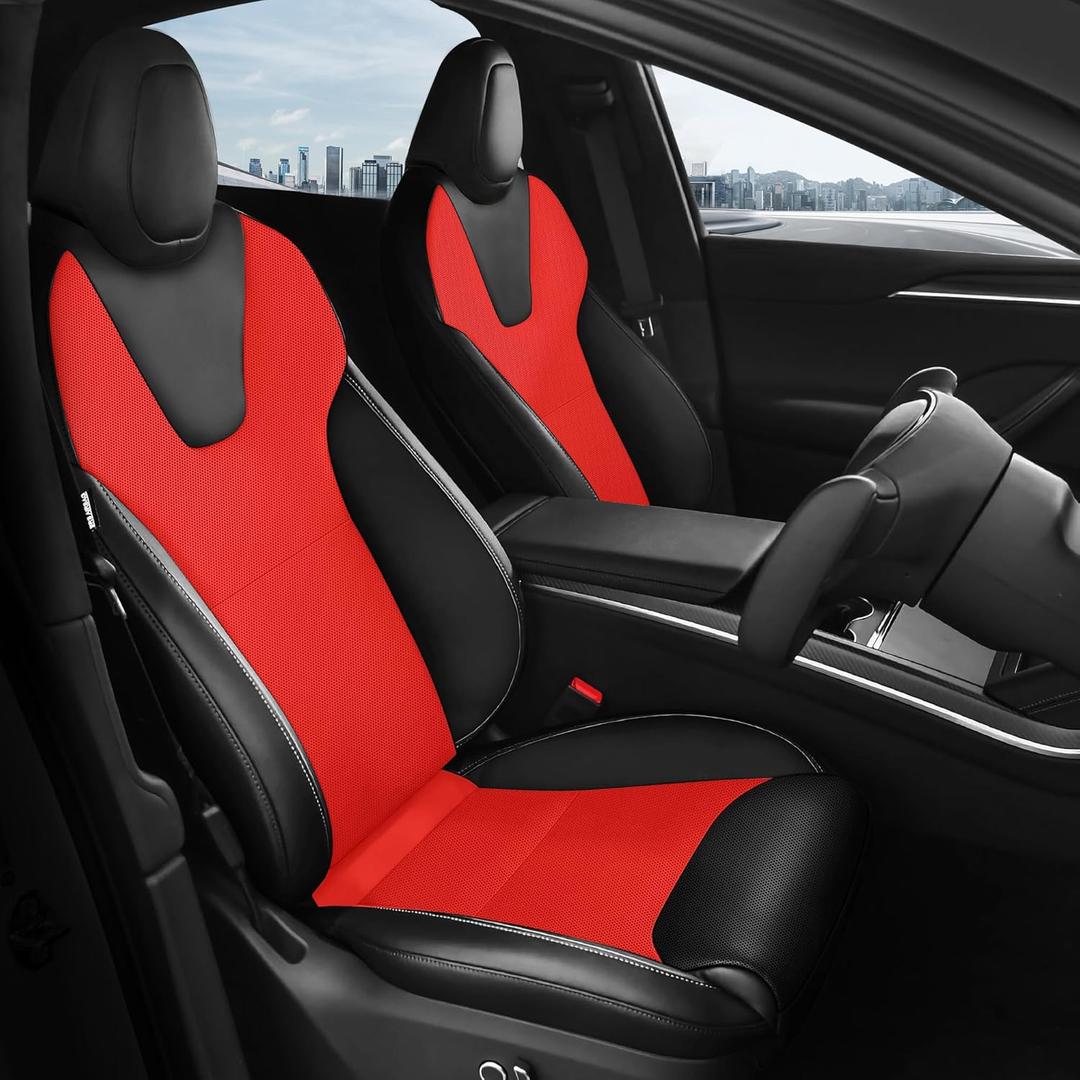 FREESOO Customized Seat Covers for Tesla Model X 5 Seats 2020 2021 2022 2023 Faux Leather Seat Covers Full Set Accessories - Black Red