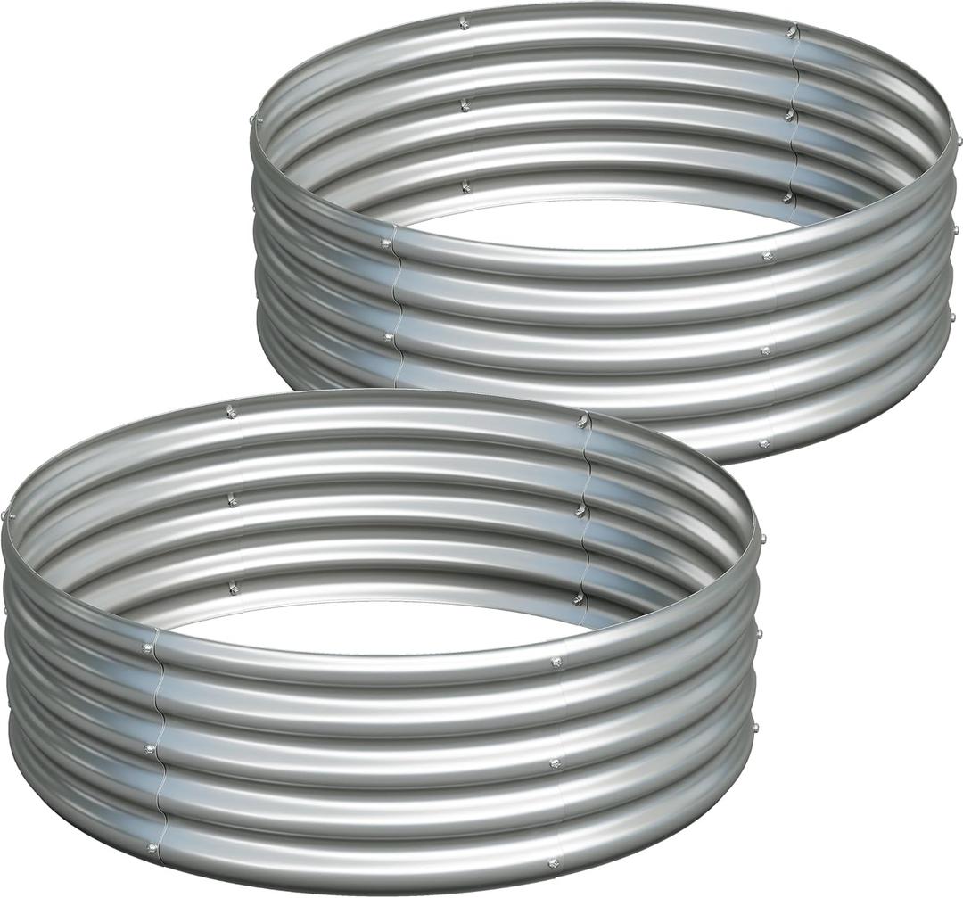 G GOOD GAIN Round Raised Garden Bed - 2Pcs 3x3x1ft Galvanized Steel Planter Boxes Outdoor with Rubber Edge Trim | Metal Raised Beds for Gardening Vegetables Flowers Fruits Herbs (Silver)