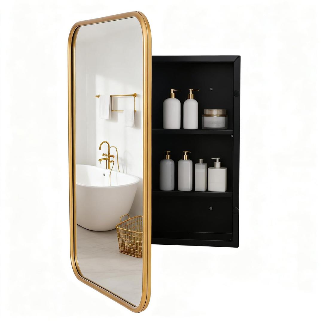 VIWILII Brushed Metal Medicine Cabinet, Rounded Rectangle Bathroom Mirror with Storage, 2 Adjustable Shelves, Recessed or Surface Mount Mounting, Reversible Door (Brushed Gold, 16x24)