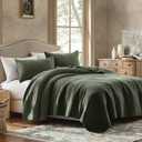 WDCOZY 100% Cotton Oversized King Size Quilt Set - Olive Green California Cal King Striped Pick Stitch Soft Lightweight Bedspread, Textured Like Linen, Farmhouse Country Rustic Coverlet, 3 Pieces