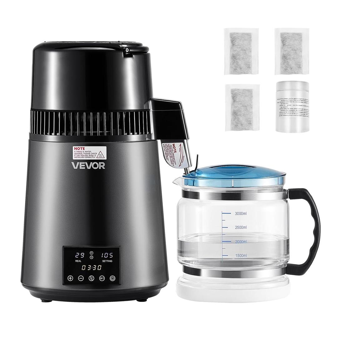 VEVOR 1750W Water Distiller, 0.4Gal/H Distilled Water Maker with Glass Carafe, 4L/1.1Gal Countertop Distiller Machine, 0-99H Time Temp Dual Display, Anti-Dry Design 304 Stainless Steel Still, Grey