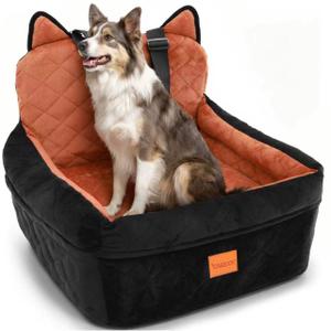 Dog Car Seat for Small/Medium Dogs Up to 35lbs,Elevated Cushion Fits in Front/Back Seat,Travel Safety Per Car Bed with Washable Removable Cover, Storage 2 Pockets Black-Brown