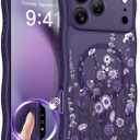 GVIEWIN for iPhone 17 Pro Max Case Compatible with MagSafe [Curly Wave Edge][Full Camera Protection] Floral Translucent Shockproof Magnetic Women Phone Case for 17 Pro Max, Dark Floratopia/Deep Purple