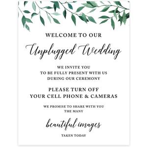 Wedding Party Signs, Natural Greenery Green Leaves, 8.5x11-inch, Welcome to Our Unplugged Ceremony Turn Off Phones No Devices Sign, 1-Pack