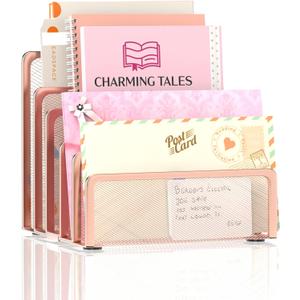 Mail Organizer Countertop with 5 Slot, Metal Mail Holder for Desk, File Holder Letter Sorter for Envelope, Bill and Document (Rose Gold)