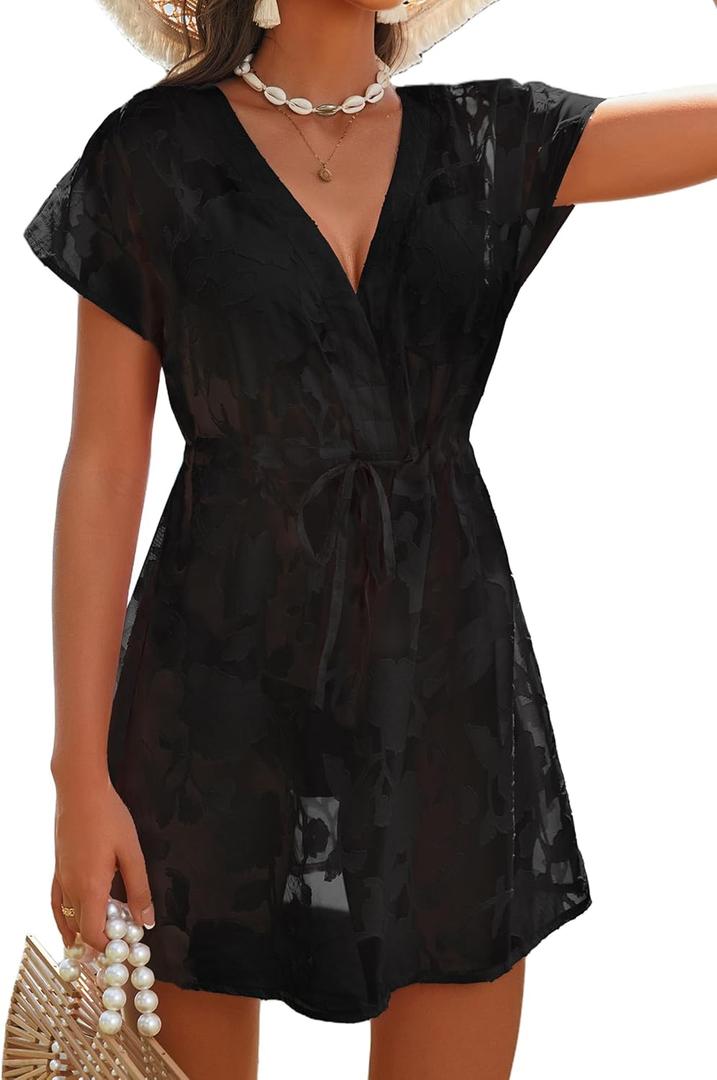 AI'MAGE Womens Bathing Suit Cover Up Lace Short Sleeve Swimsuit Coverups for Swimwear Sexy V Neck Beach Coverup (XX-Large, Black Peony)